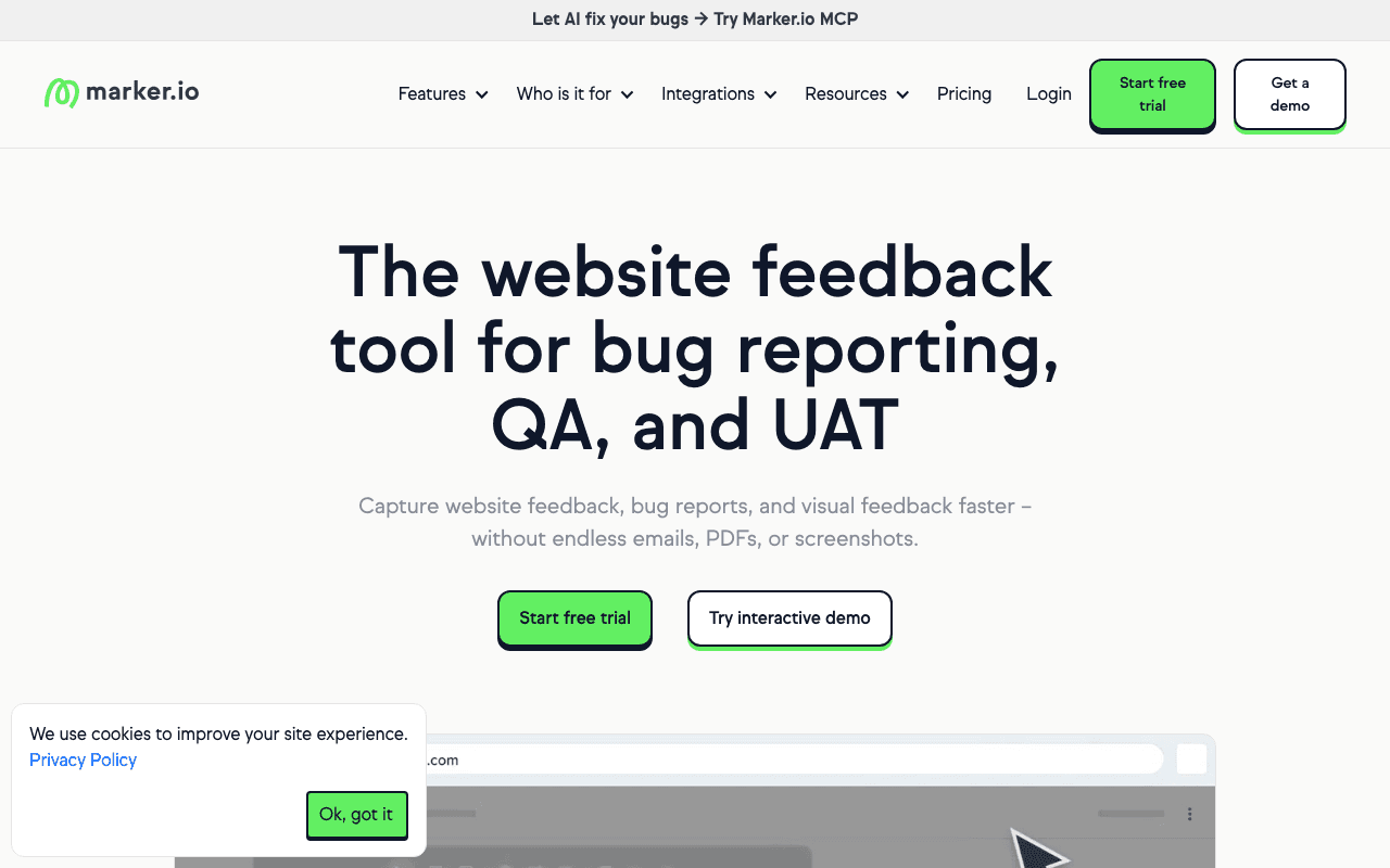 Screenshot of the Marker.io website