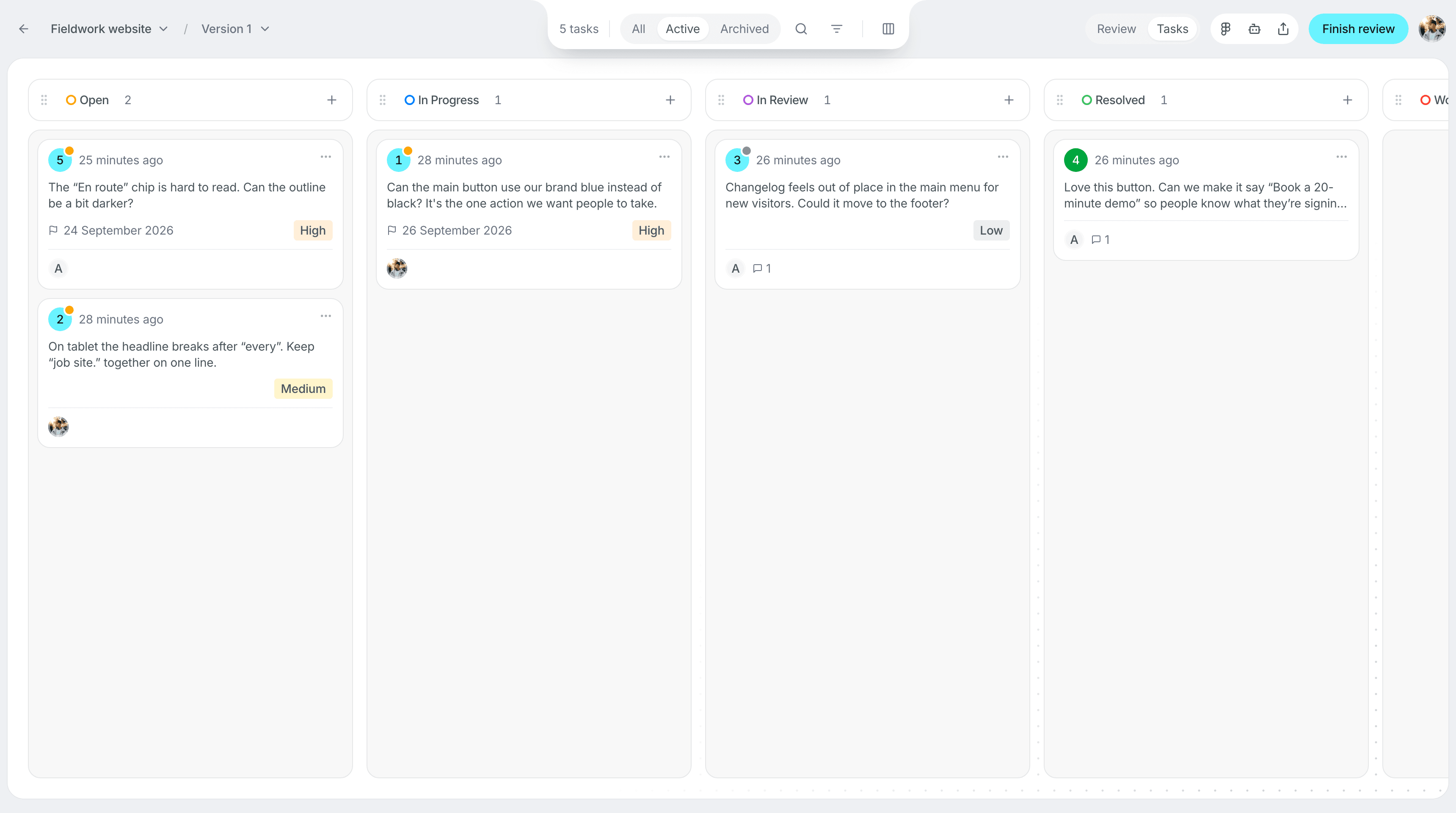 The task board with Open, In Progress, In Review and Resolved columns and comment cards