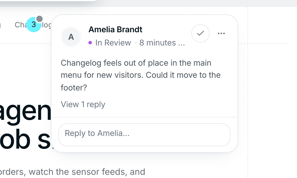 A comment card next to its pin, with its status, a reply field and the resolve button