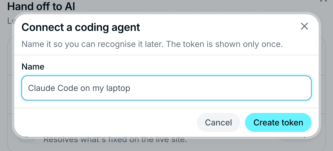 The Connect a coding agent dialog with a name field