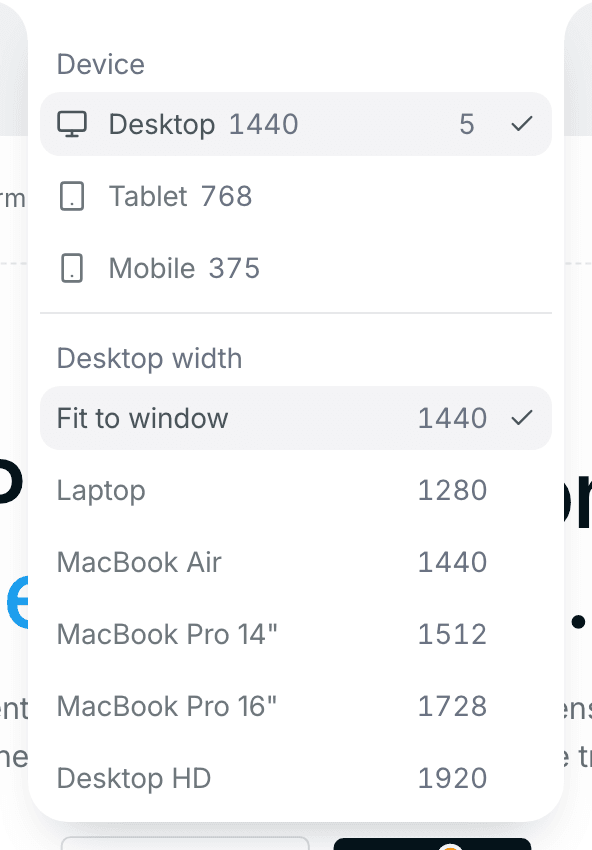The device menu with Desktop, Tablet and Mobile, and a list of desktop widths