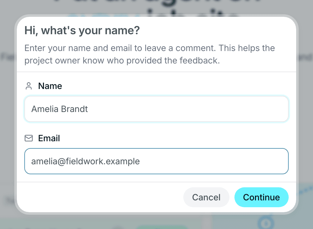 The dialog asking a reviewer for their name and email before their first comment