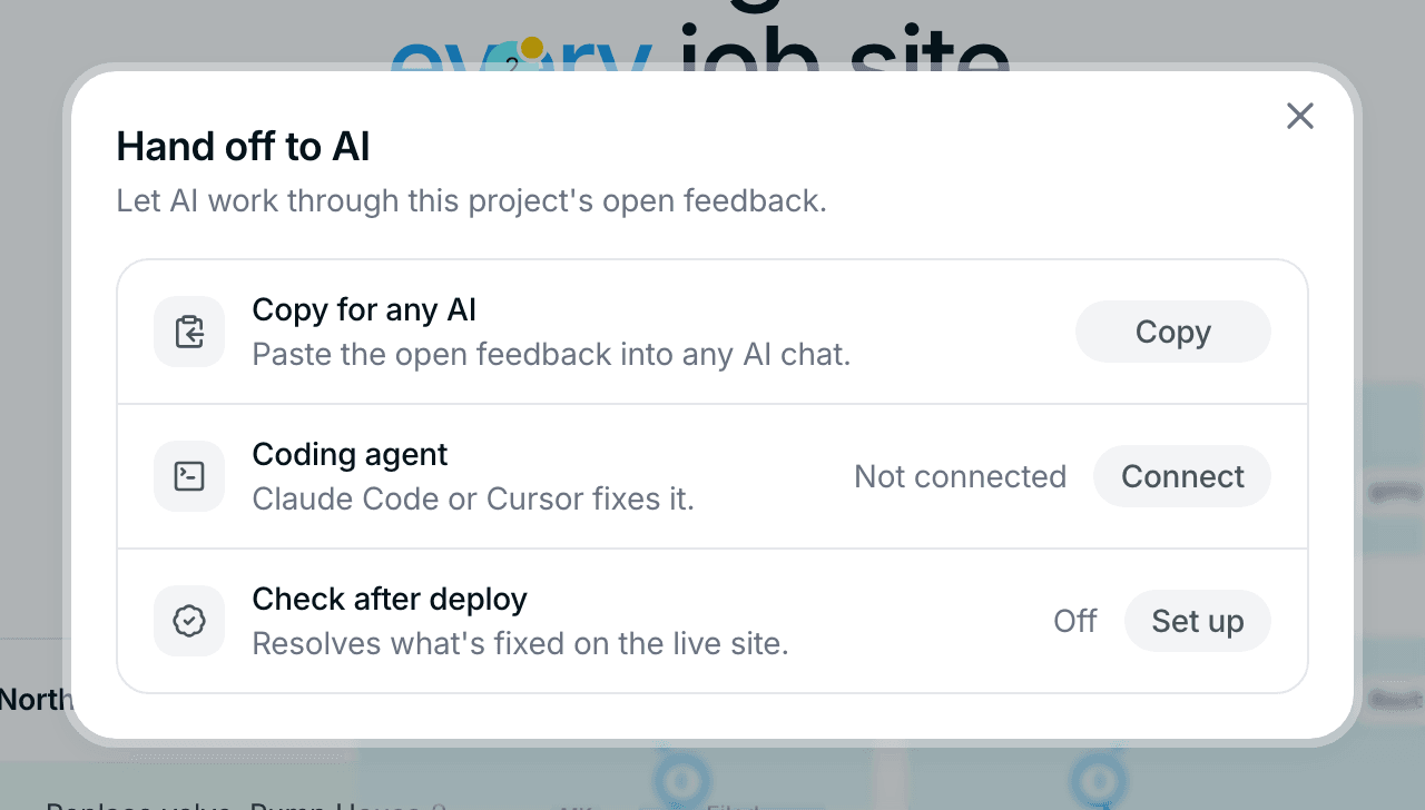 The Hand off to AI panel with Copy for any AI, Coding agent and Check after deploy