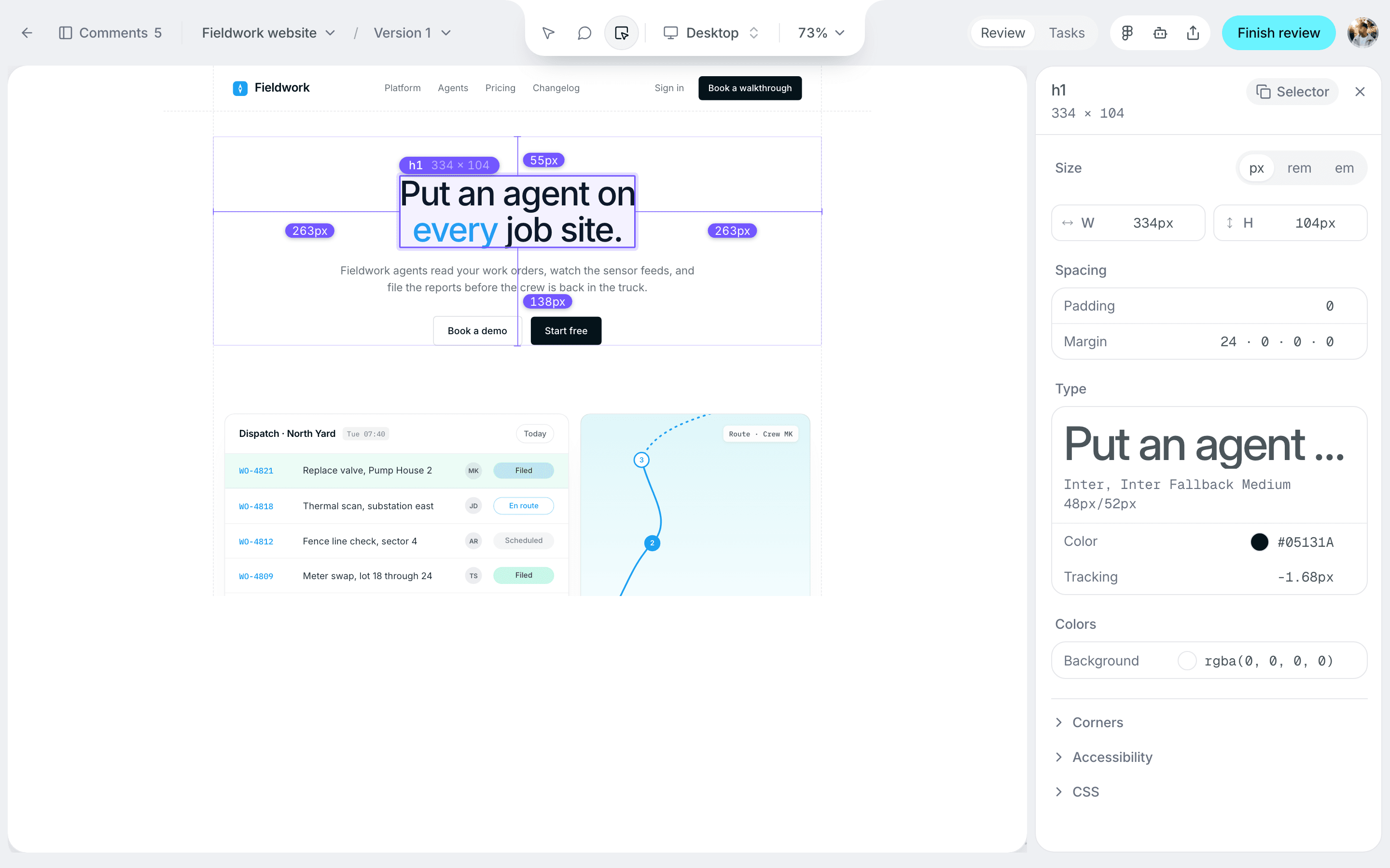 Inspect mode: a heading measured on the page, and its size, spacing, type and colors in a panel on the right