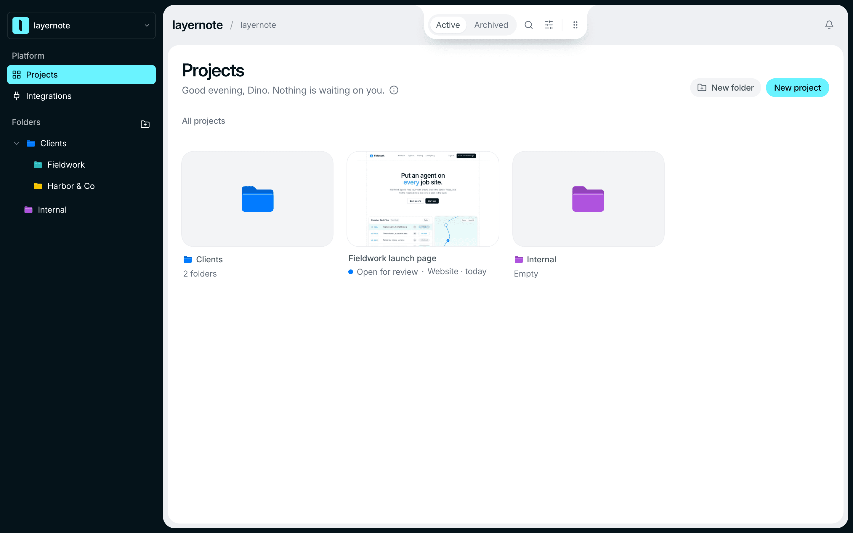 The projects overview with folders in the sidebar and as tiles: Clients with Fieldwork and Harbor & Co, and Internal