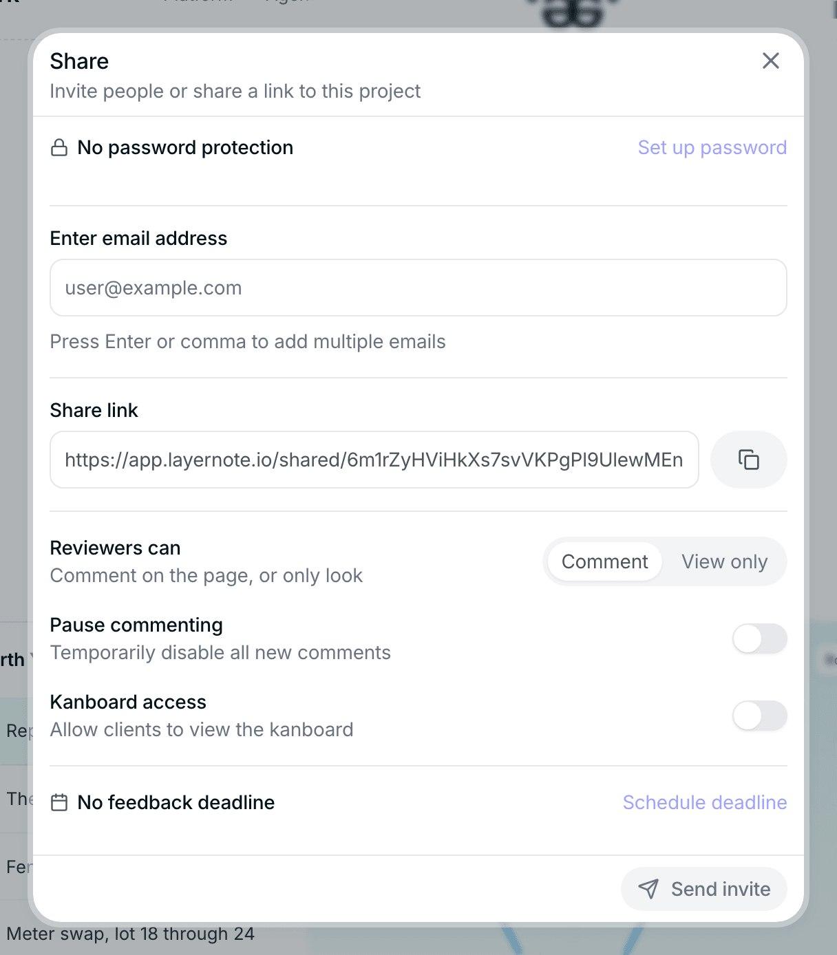 The Share dialog with email invites, the share link, whether reviewers can comment or only view, Pause commenting, Kanboard access and a feedback deadline