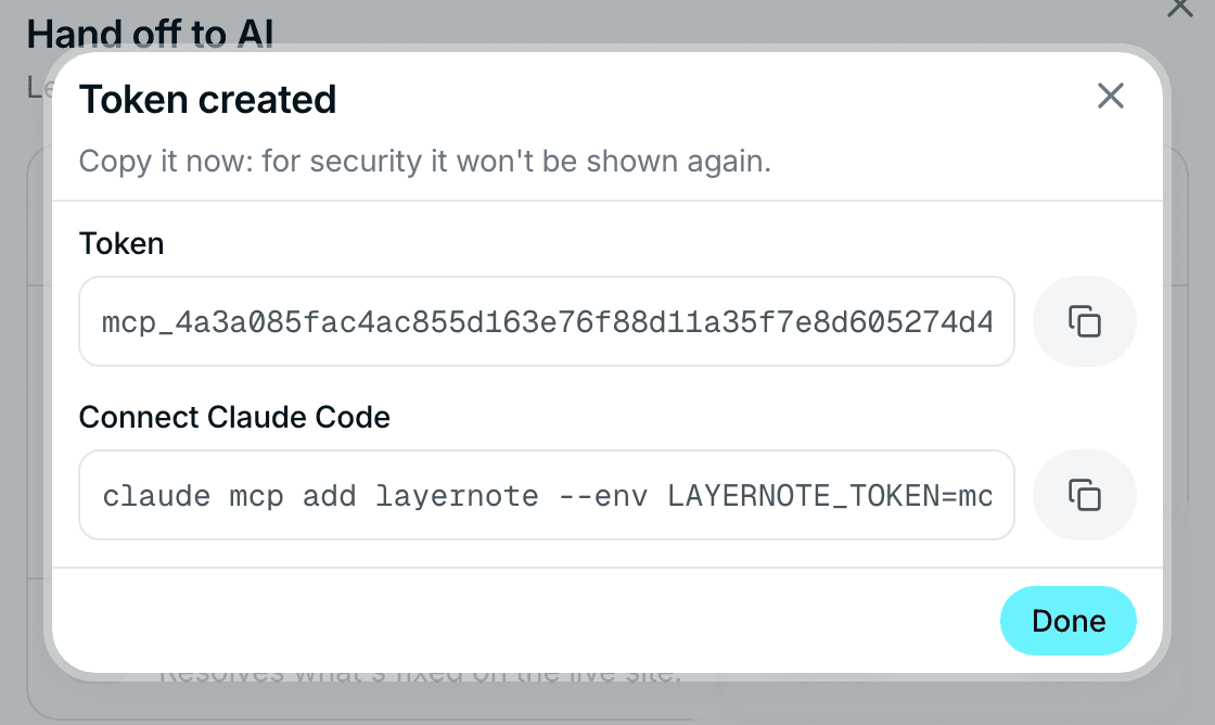 The Token created dialog with the token and a ready-made Claude Code command, each with a copy button