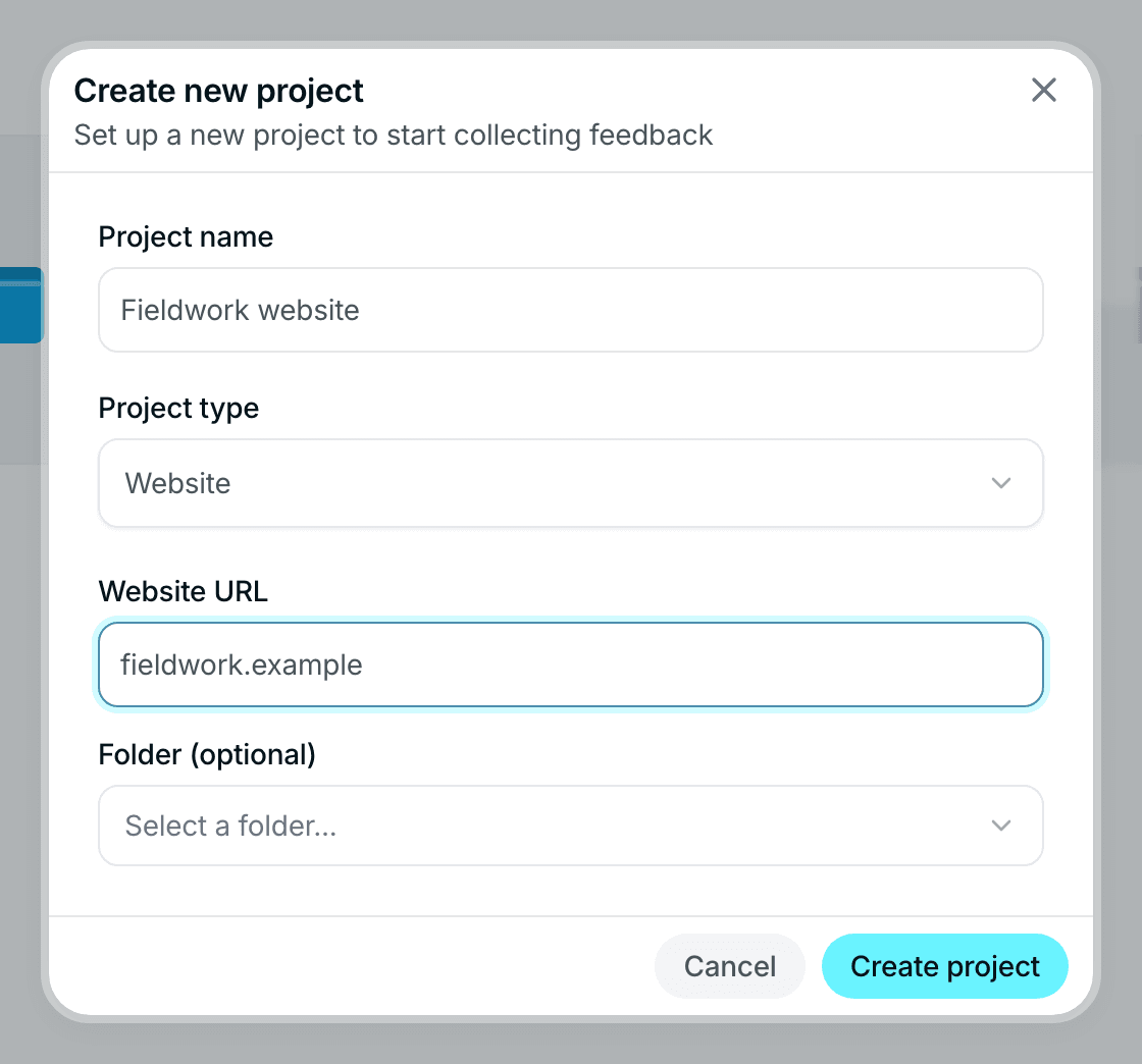 The Create new project dialog with a name, the Website type and a URL