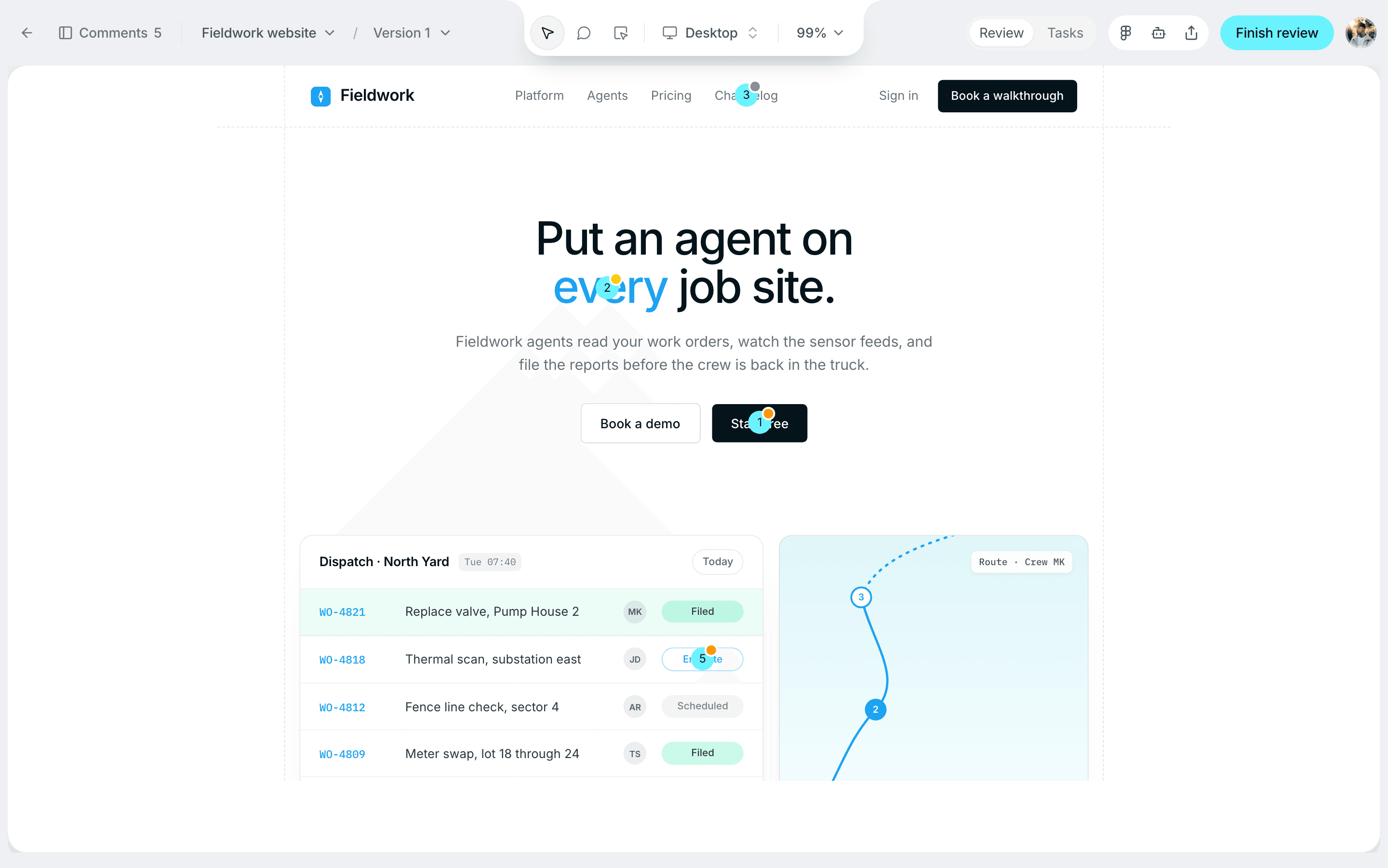 A Website project in layernote: the live site with numbered pins, and the Browse, Comment and Inspect tools at the top